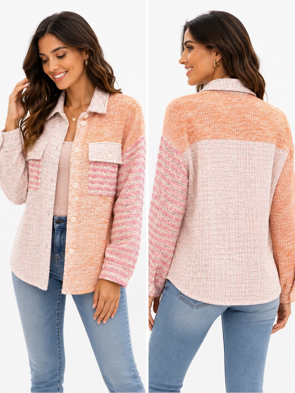Colorblock Knit Shacket in Peach & Blush